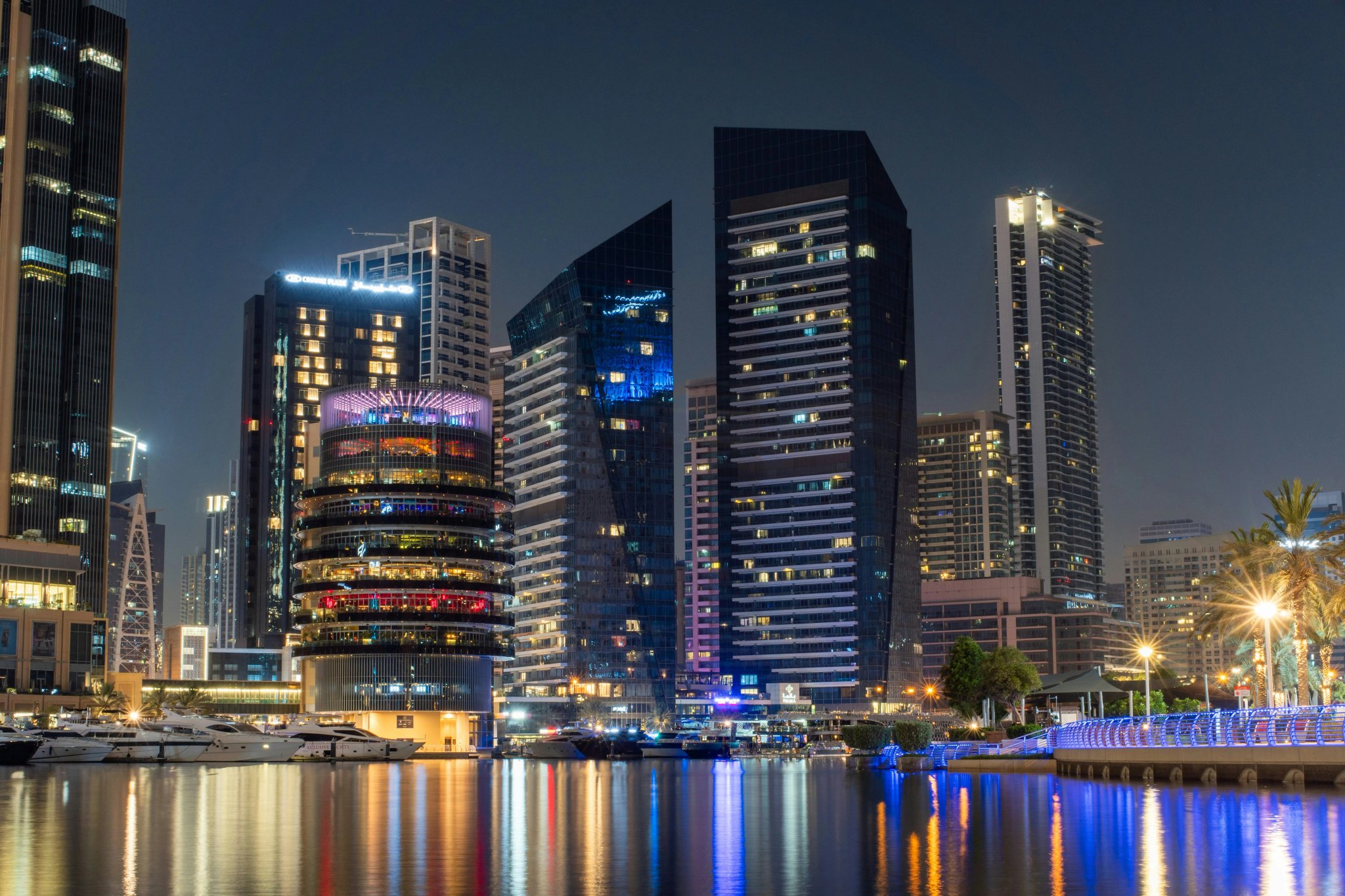 Modern corporate headquarters at dusk